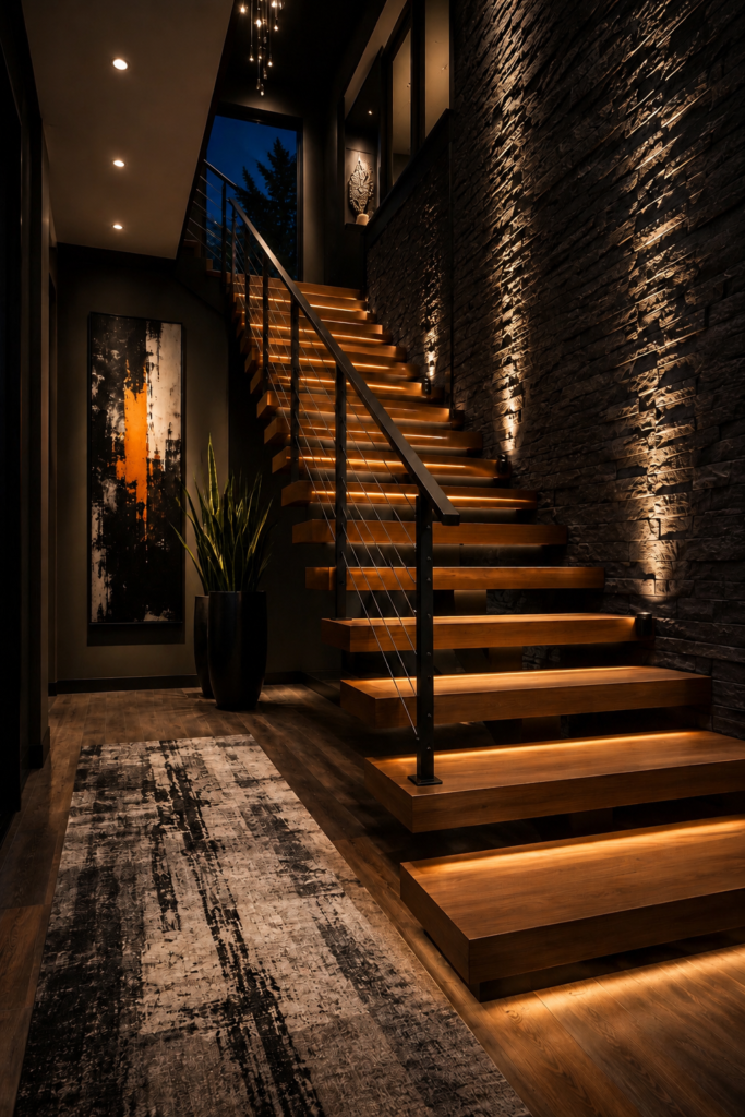Cozy straight staircase with warm LED step lighting, walnut wood treads, cream wall molding, black balusters, wall sconce, and neutral decor.