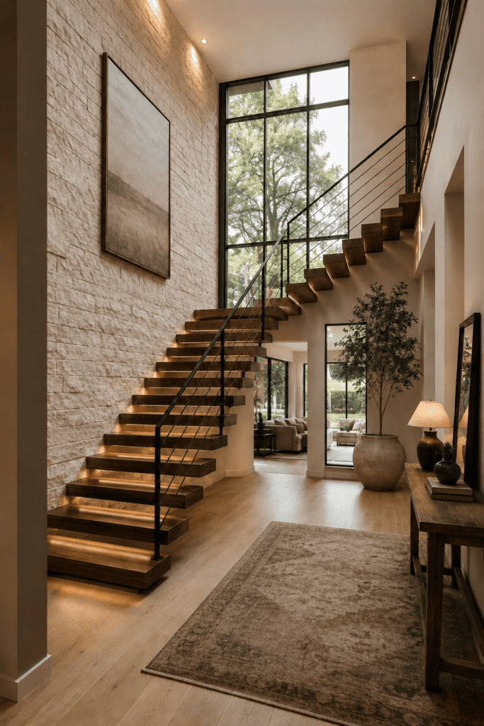 Double-height modern staircase lighting ideas with floating wood steps, warm integrated lights, black railing, large windows, textured walls, and indoor greenery.
