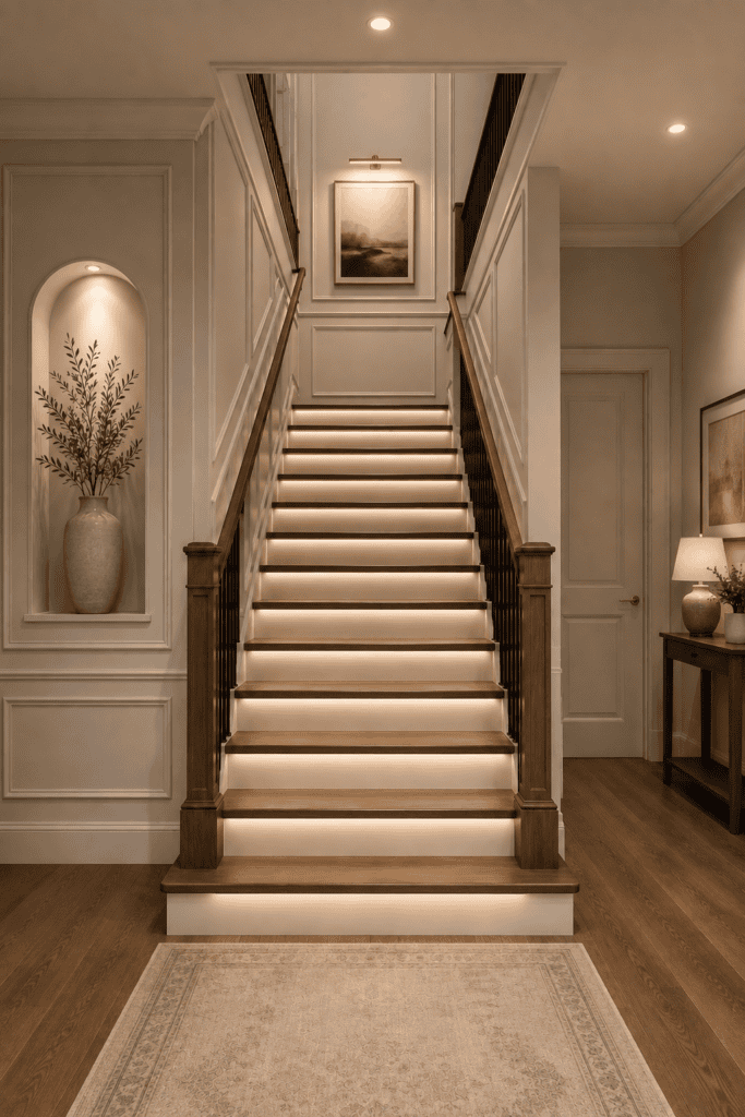 Elegant symmetrical staircase with warm LED step lighting, wood treads, cream wall molding, black railings, framed artwork, and a softly lit decorative niche.