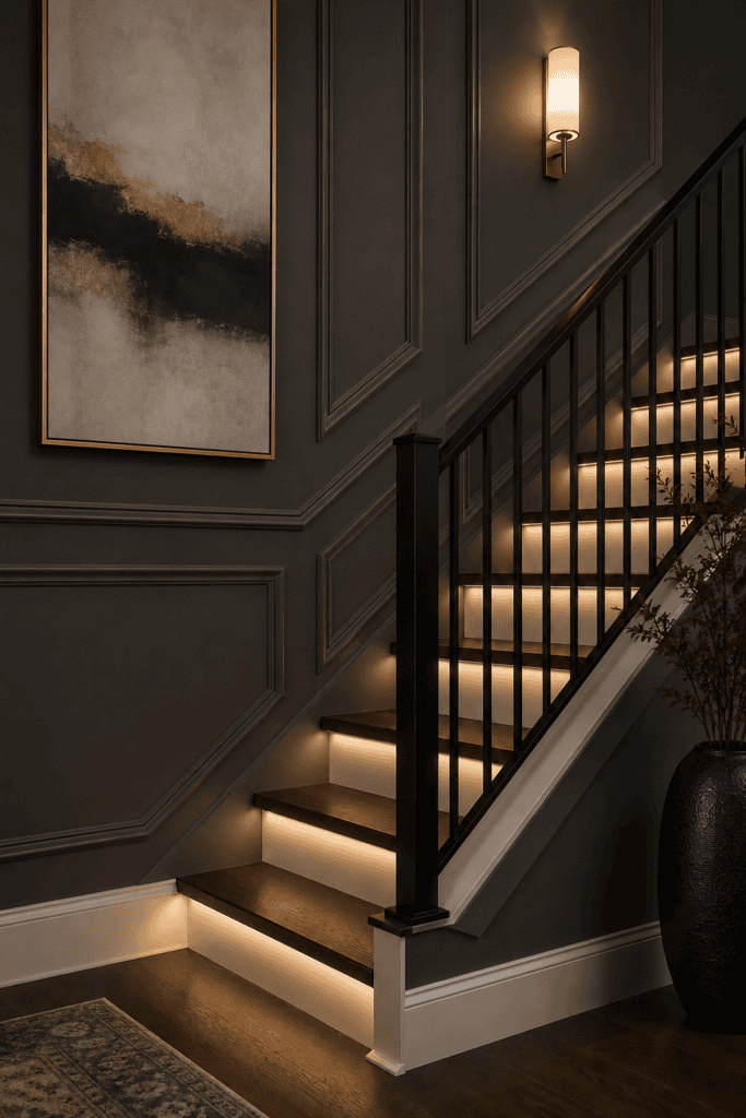 Moody modern staircase lighting ideas featuring charcoal paneled walls, dark wood treads, black railings, warm stair lights, wall sconce, and oversized abstract artwork.