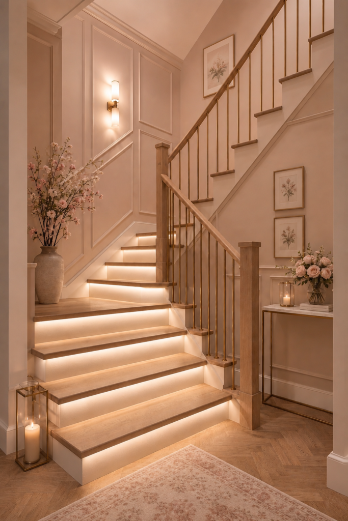Soft blush and cream staircase with warm illuminated steps, light wood treads, slim brass railings, floral decor, wall molding, and romantic neutral styling.