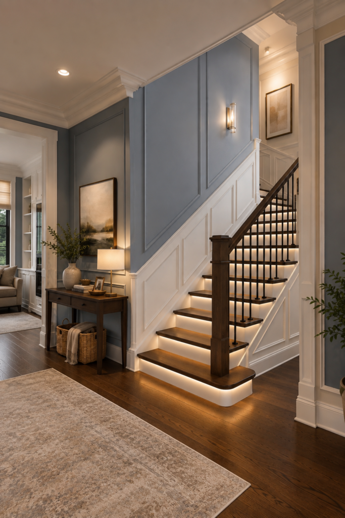 Blue-gray modern staircase lighting ideas with warm LED steps, dark wood treads, black balusters, white millwork, wall sconce, artwork, and a styled console table.