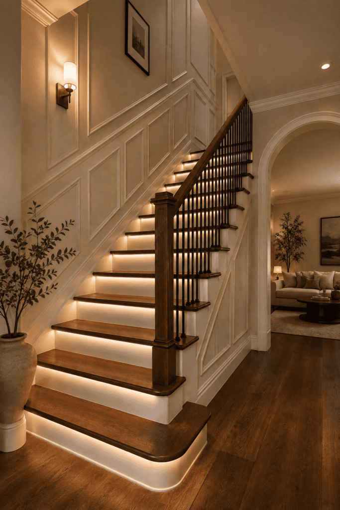 Timeless wood and white staircase with warm step lighting, walnut treads, black railings, classic wall molding, neutral ceramic planter, and cozy American home styling.