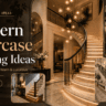 Modern staircase lighting ideas featuring glowing marble steps, warm LED lighting, curved and floating staircases, elegant railings, and cozy luxury home interiors.