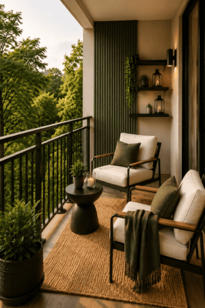 Cozy small apartment balcony with cream outdoor chairs, olive green pillows, woven rug, black side table, floating shelves, lanterns, and green plants.