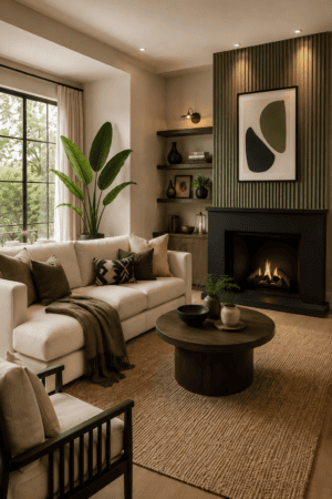 Cozy modern living room with fireplace, cream sectional sofa, olive green accent wall, dark wood coffee table, neutral woven rug, floating shelves, and large indoor plant.