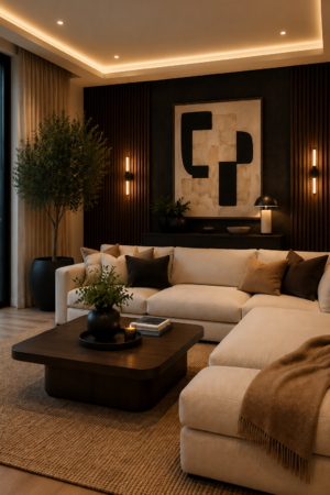 Warm neutral living room with cream sectional sofa, black accent wall, dark wood coffee table, natural woven rug, abstract artwork, indoor tree, and cozy ambient lighting.
