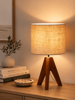 Wooden tripod table lamp with beige linen shade styled on a wood console table with books, ceramic decor, and warm ambient lighting.