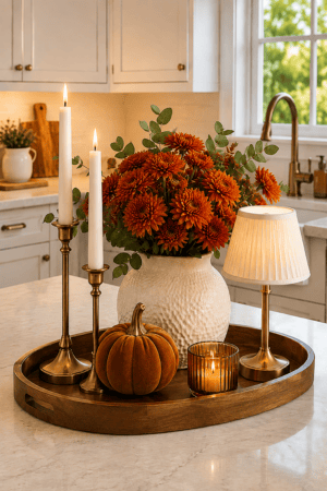 Fall kitchen counter decor with autumn flowers, candles, decorative pumpkin, lamp, brass accents, and warm wooden tray.