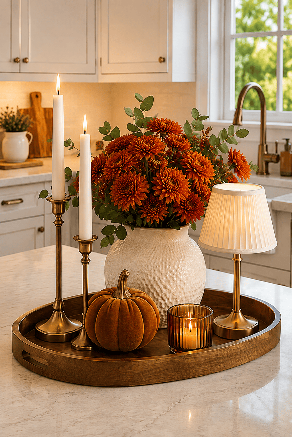 Fall kitchen counter decor with autumn flowers, candles, decorative pumpkin, lamp, brass accents, and warm wooden tray.