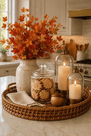 Fall kitchen tray with autumn leaves, candle lanterns, cookie jar, woven tray, ceramic vase, and cozy seasonal accents.