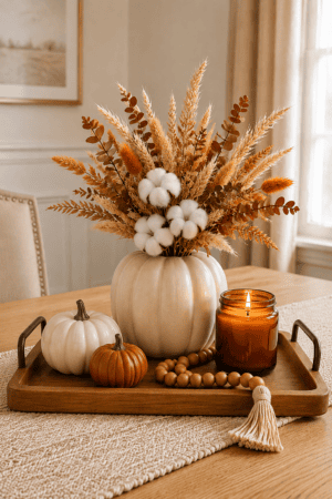 Fall dining table decor with pumpkin vase, dried stems, decorative pumpkins, candle, wood beads, and rustic tray.