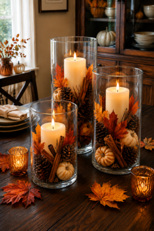 Fall candle centerpiece with glass hurricanes, pillar candles, pumpkins, pinecones, cinnamon sticks, autumn leaves, and amber votives.