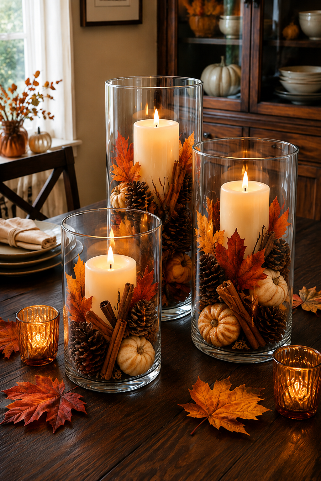 Fall candle centerpiece with glass hurricanes, pillar candles, pumpkins, pinecones, cinnamon sticks, autumn leaves, and amber votives.
