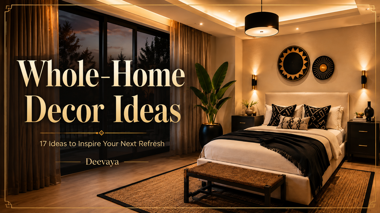 17 Whole-Home Decor Ideas featured image with a warm black and beige bedroom interior.