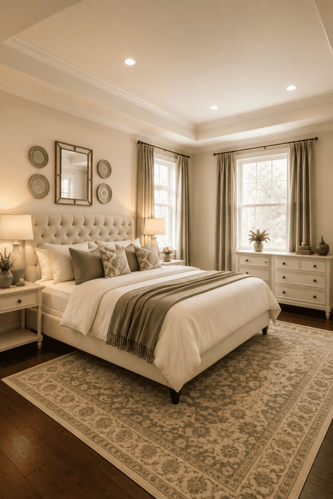 Soft sage green bedroom with cream bedding, patterned rug, warm lighting, and elegant neutral decor.