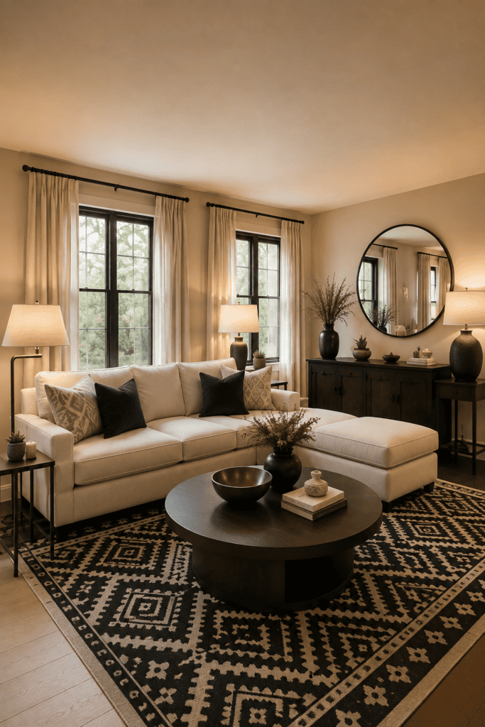Organic neutral living room with cream sectional, black round coffee table, patterned rug, oversized mirror, and warm accents.