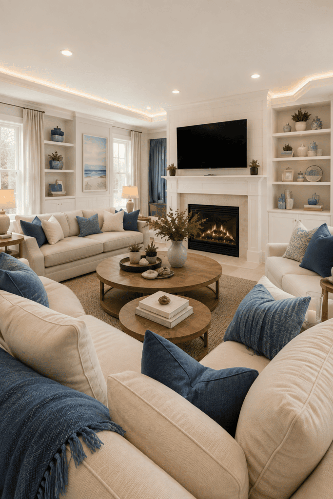 Coastal living room with white fireplace, cream seating, blue pillows, built-in shelves, and round wood coffee tables.