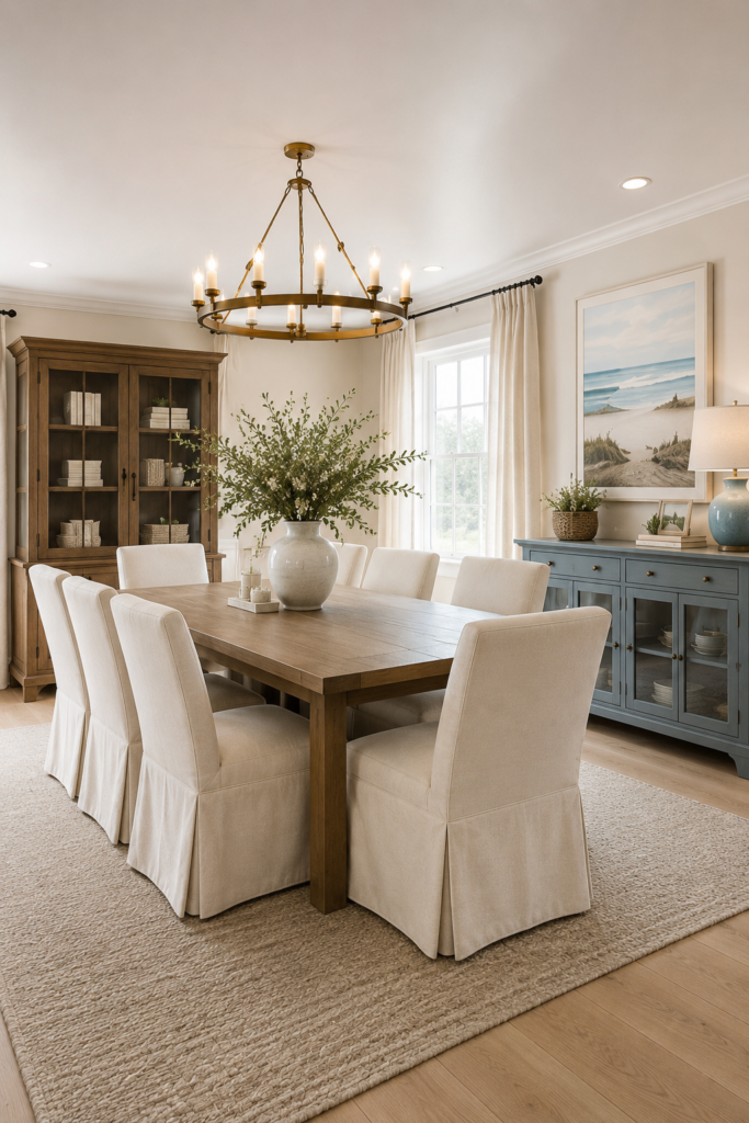 Coastal dining room with wood table, cream upholstered chairs, blue sideboard, brass chandelier, and soft neutral decor.
