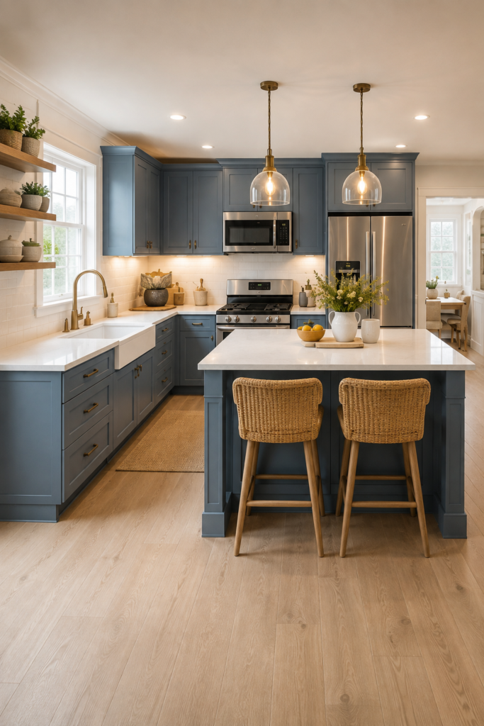 Blue kitchen with white countertops, large island, woven stools, glass pendant lights, and warm wood flooring.