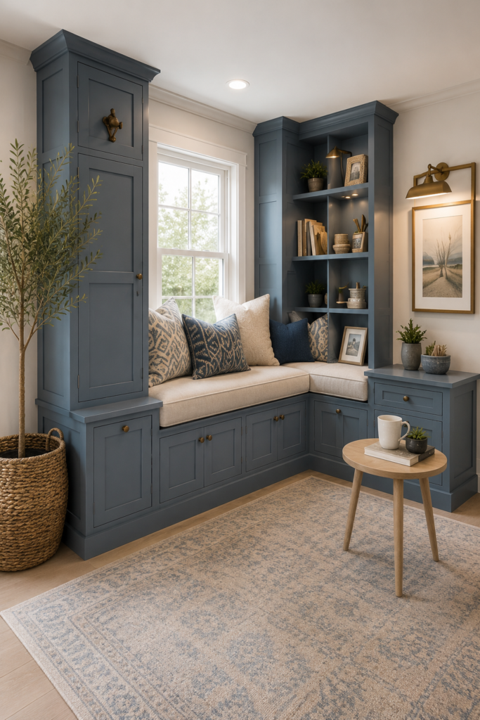 Blue built-in reading nook with cushioned window seat, storage cabinets, open shelves, patterned pillows, and warm lighting.