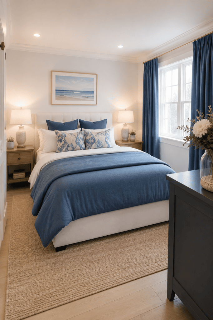 Coastal blue bedroom with white bedding, blue curtains, natural wood nightstands, and ocean-inspired wall art.