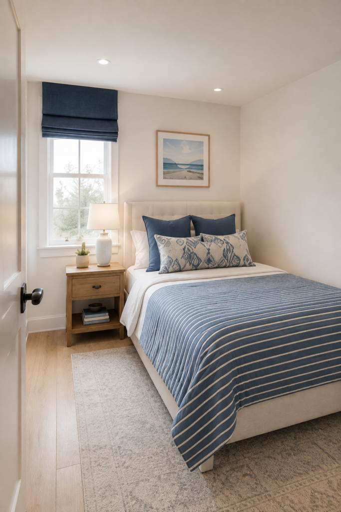 Small blue and white bedroom with striped bedding, navy Roman shade, wood nightstand, and coastal wall art.