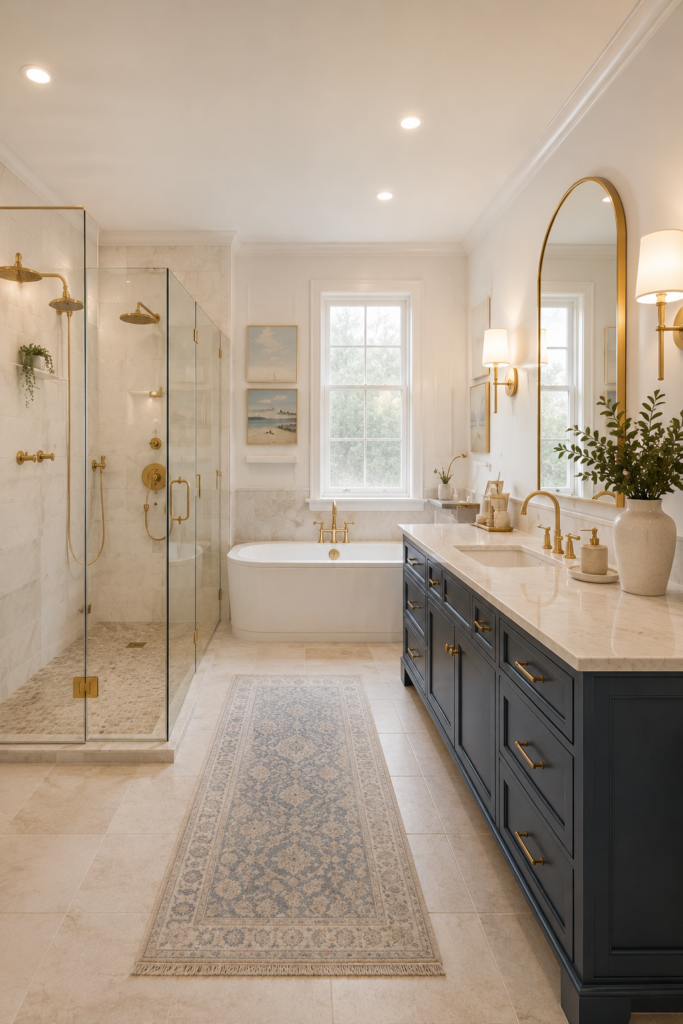 Bright blue and white bathroom with navy vanity, brass fixtures, glass shower, freestanding tub, and arched mirror.