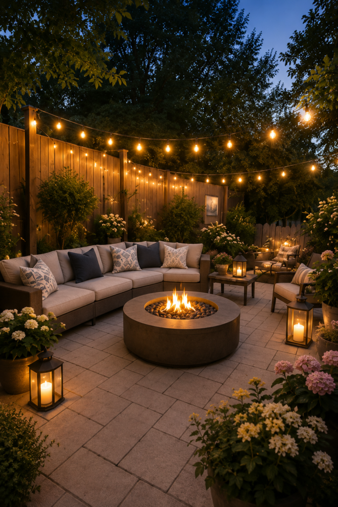 Backyard patio with sectional seating, round fire pit, string lights, lanterns, and lush evening garden decor.