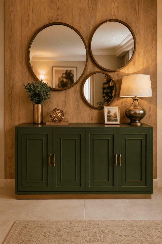 Olive green console with round statement mirrors, brass accents, warm wood wall, and elegant entryway styling.