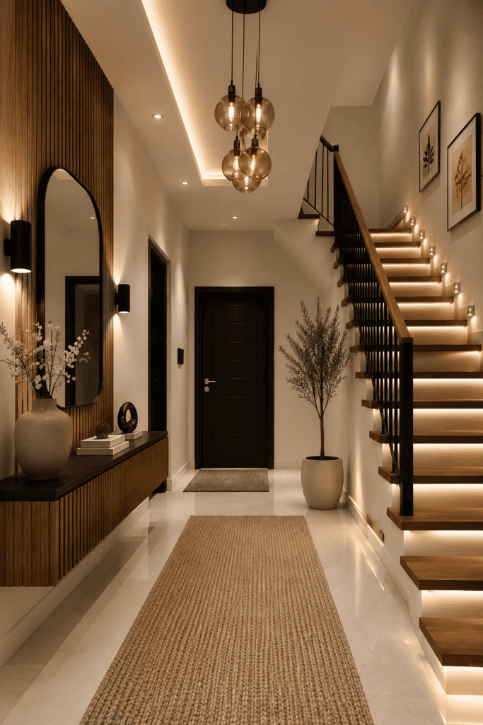 Statement staircase with warm step lighting, black railing, wood accents, pendant lights, and modern hallway decor.