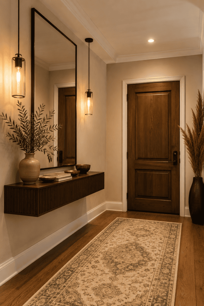 Warm wood entryway with oversized mirror, floating console, pendant lights, neutral runner, and natural greenery.