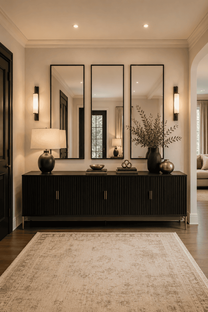 Black console entryway with three tall mirrors, warm wall sconces, neutral rug, and minimal decorative accents.