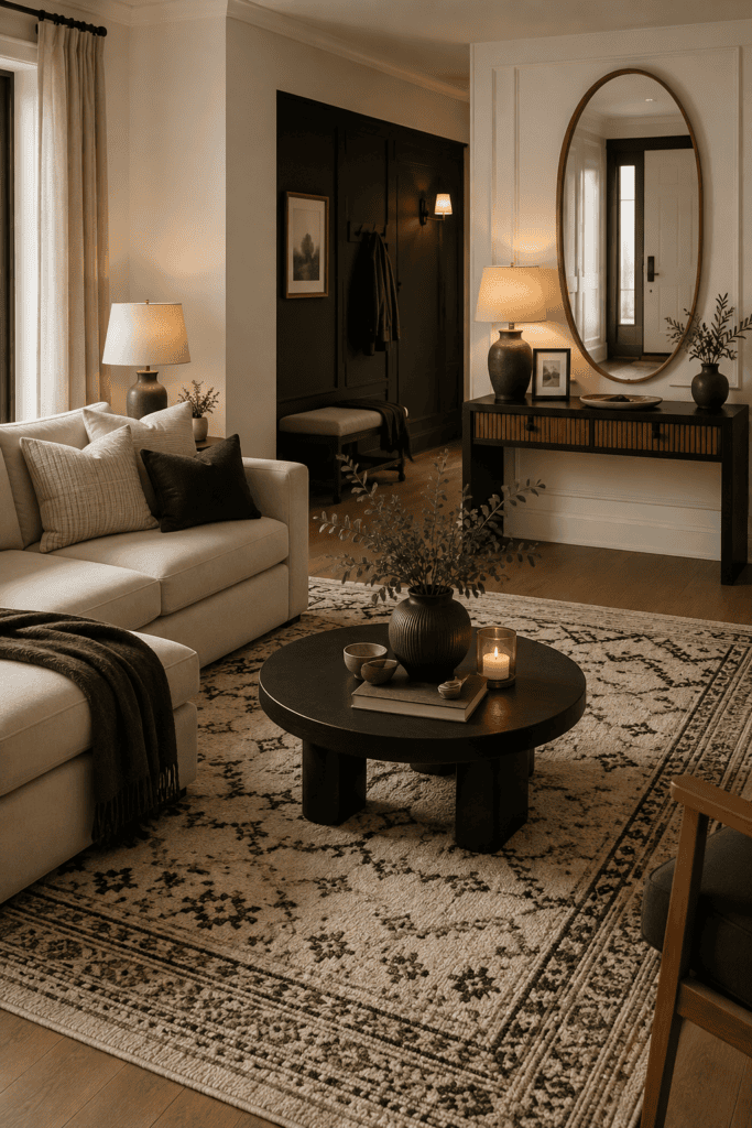 Organic neutral living room with cream sectional, black coffee table, patterned rug, and warm modern accents.