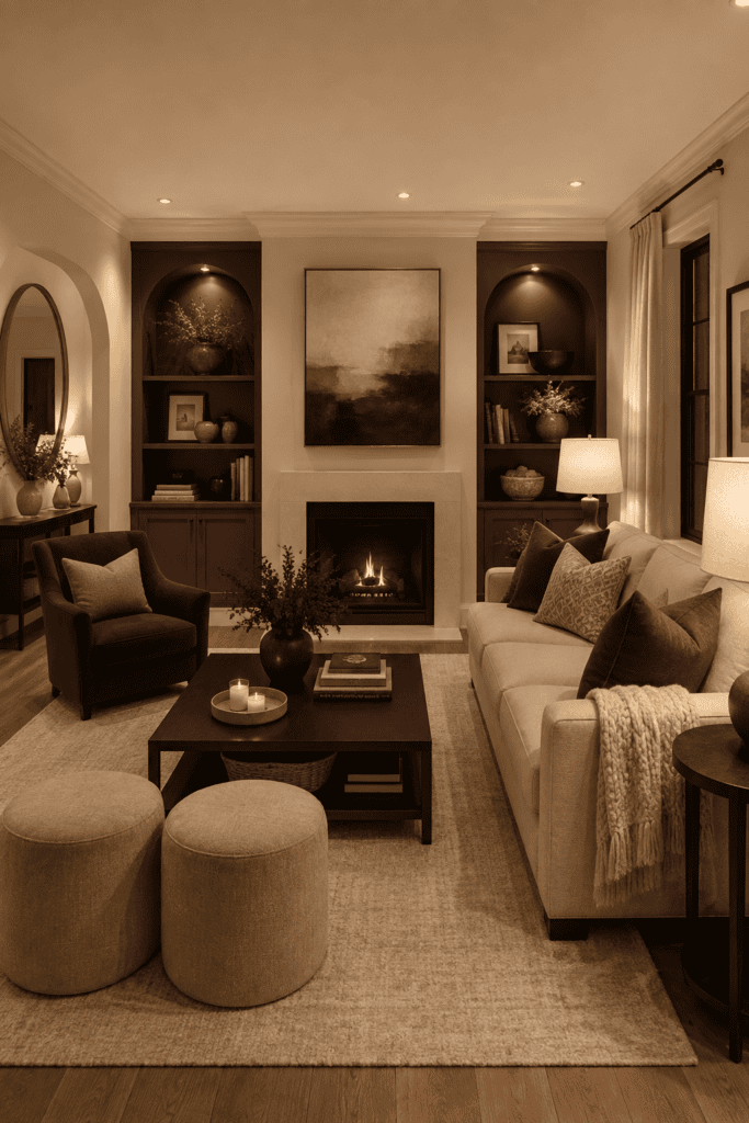 Plum and cream living room with fireplace, built-in shelving, warm lighting, and rich accent seating.
