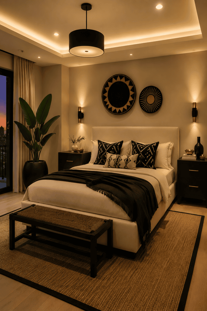 Warm black and beige bedroom with cream upholstered bed, black accents, woven textures, and layered lighting.