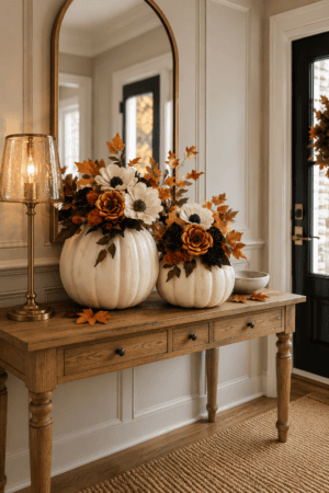 Pumpkin decor and wooden bead garlands styled with autumn florals for warm farmhouse fall home decor.