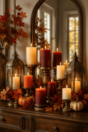 Fall candles for home decor in burgundy, orange and ivory styled with pumpkins, lanterns and autumn leaves.