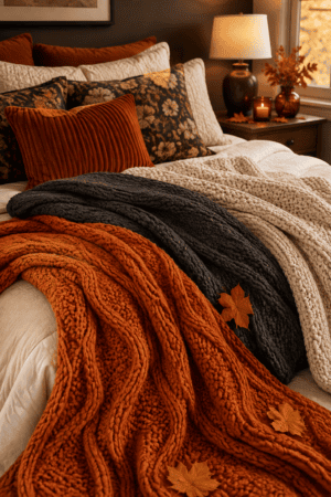 Fall throw blankets for sofas, beds and chairs styled for warm and inviting autumn home decor.