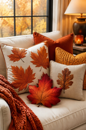 Fall throw pillows and decorative autumn pillows for sofas, beds, accent chairs and seasonal home decor.