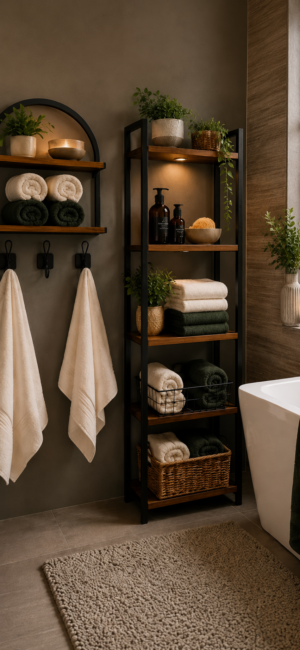 Modern farmhouse bathroom storage with wood shelving, woven baskets, folded towels, wall hooks and warm neutral decor.