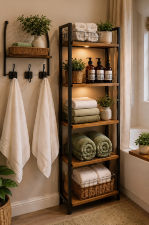 Small bathroom towel storage with tall wood shelving, woven baskets, folded towels, greenery and wall-mounted towel hooks.