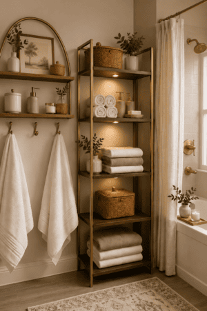 Warm neutral bathroom storage with walnut shelves, cream towels, woven baskets, black accents and greenery.