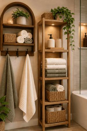 Sage green bathroom storage with honey wood shelves, cream towels, woven baskets and natural greenery.
