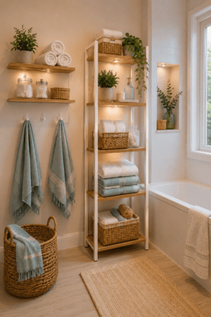 Spa bathroom storage with powder blue towels, white linens, light wood shelves, woven baskets and greenery.