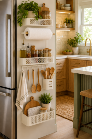 Cream large kitchen wall storage organizer featuring cream storage racks, warm neutral walls, wooden shelves, woven fruit baskets, clear spice jars, paper towel holder, hanging wooden utensils, cutting boards, plants, and natural kitchen accessories.
