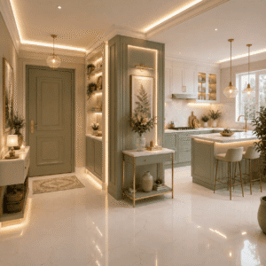 Cozy sage green entryway and modern kitchen with white cabinets, gold accents, pendant lights, island seating, entry console, wall art, and warm ambient lighting.