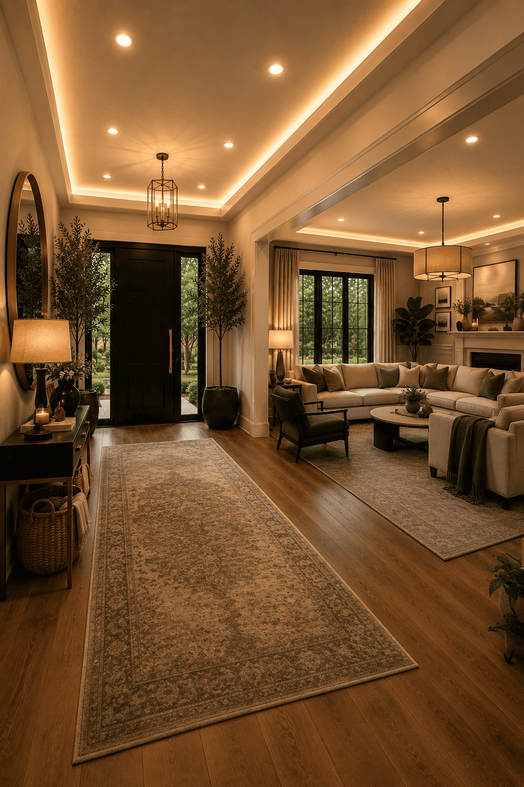 Cozy modern living room with cream sectional sofa, black coffee table, fireplace, TV wall, chandelier, olive green pillows, rug, curtains, wall decor, and warm lighting.