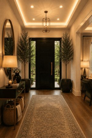 Modern American entryway featuring a black front door, oversized round mirror, black console table, runner rug, lantern pendant light, faux olive trees, table lamp, and warm ambient lighting.