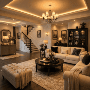 Classic American living room with cream sofas, black coffee table, staircase, console cabinet, display cabinet, area rug, lighting, wall decor, and cozy home accessories.